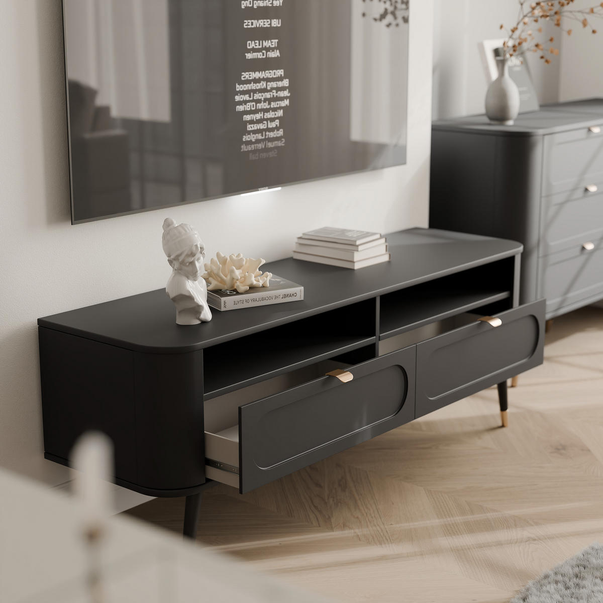 TV-LOWBOARD NOIR stehend, 138 cm Schwarz - Goldfarben/Schwarz, Holzwerkstoff/Metall (138.2/52.6/40cm) - Idohome