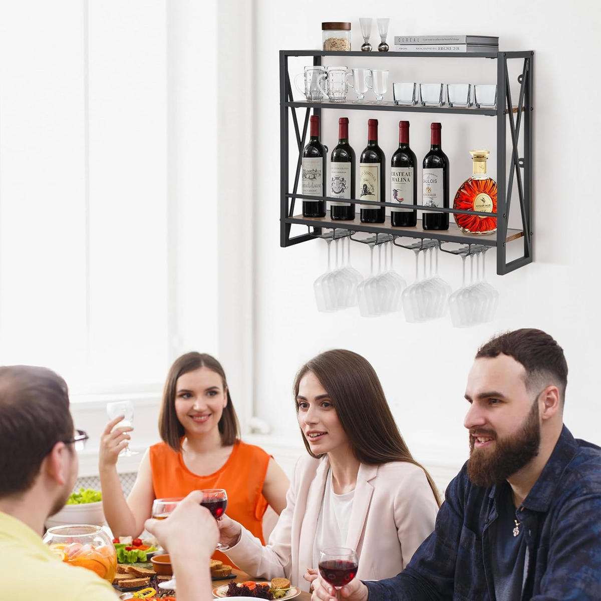WEINREGAL mit 4 Reihen Weingläserhalter Vintage Eiche Dekor - Alteiche, Holz (80/63/20cm) - COSTWAY