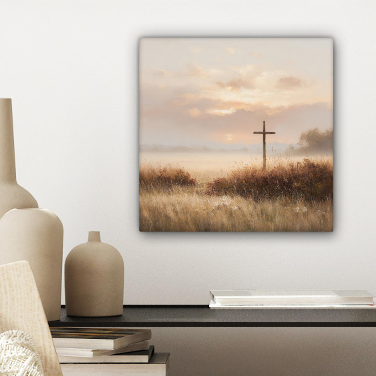 LEINWANDBILD Gras - Morgennebel - Kreuz - Christentum Deko Wohnzimmer 20x20 cm - Beige, Textil (20/20cm) - MuchoWow