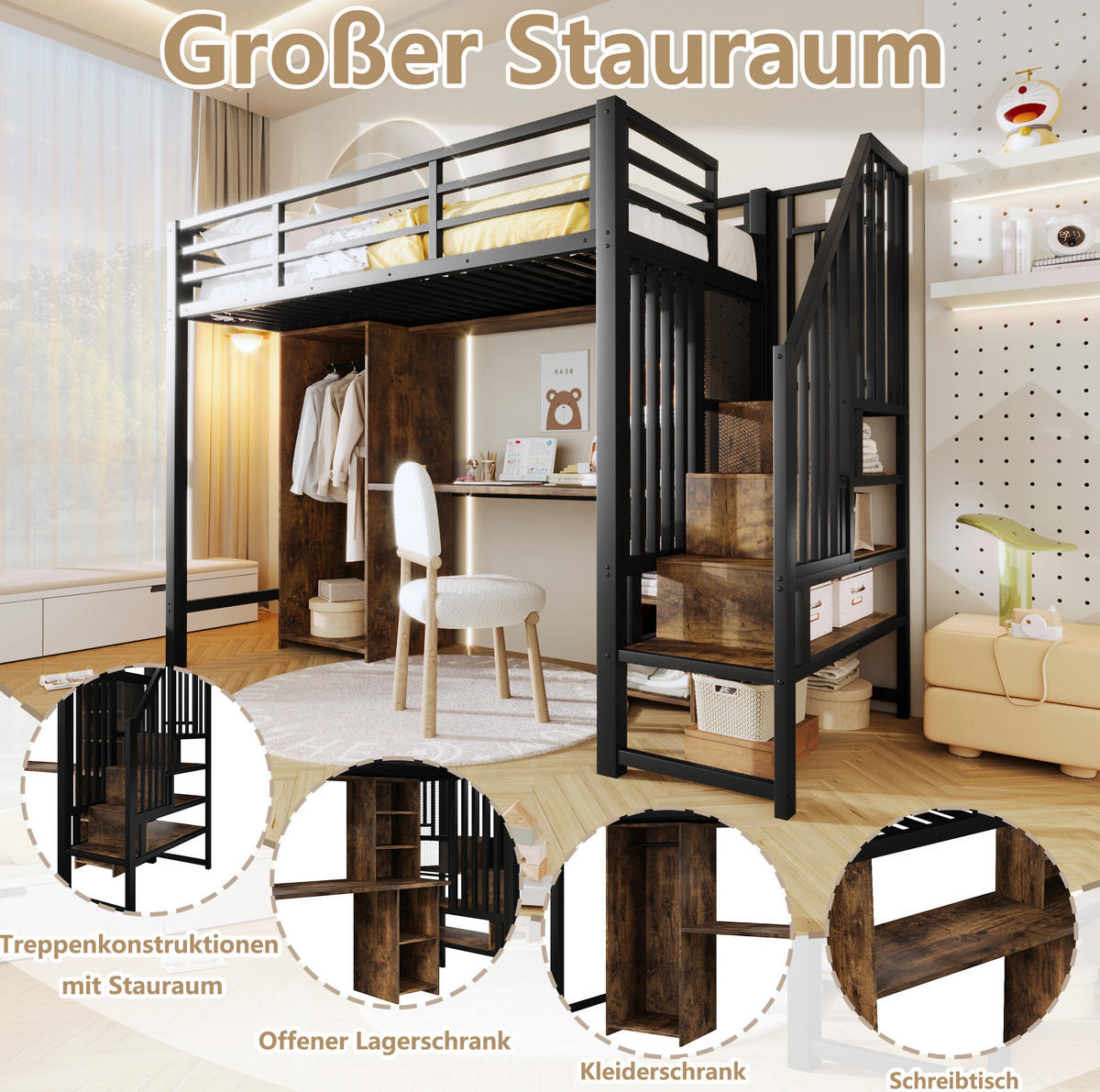 HOCHBETT 90/200 cm mit Kleiderschrank, Schreibtisch und Stauraumstufen aus Metall und MDF, Schwarz - Schwarz, Metall (90/200cm) - Redom