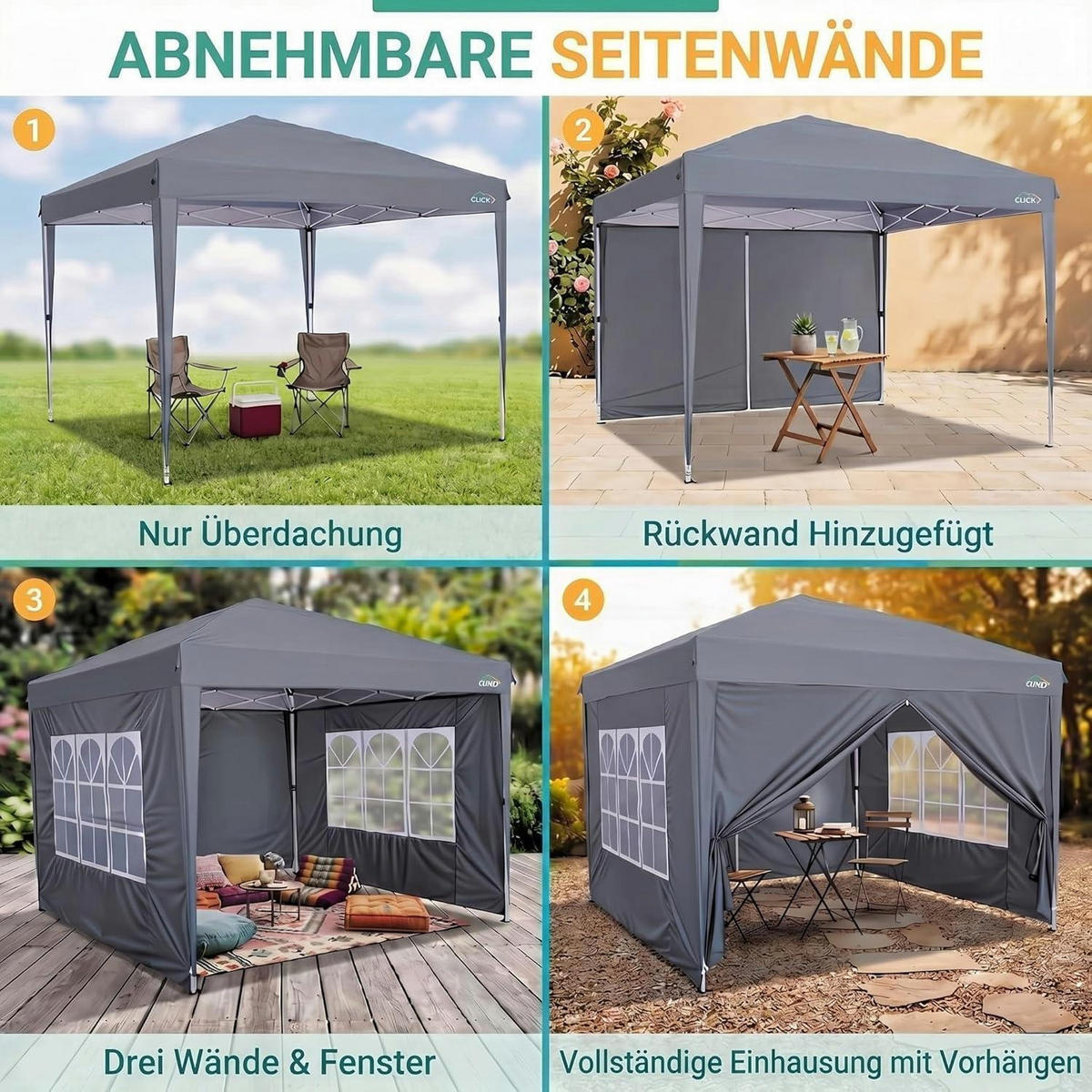 FALTPAVILLON 3x3m mit 4 Seitenwänden, wasserdicht und winterfest in grau - Grau, Textil (300/260/300cm)
