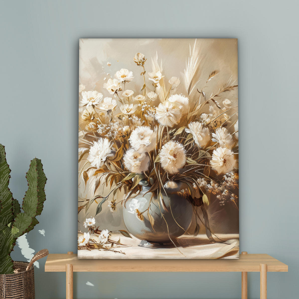 LEINWANDBILD Blumen - Vase - Stilleben - Beige Wandbild Wohnzimmer 60x80 cm - Creme, Textil (60/80cm) - MuchoWow