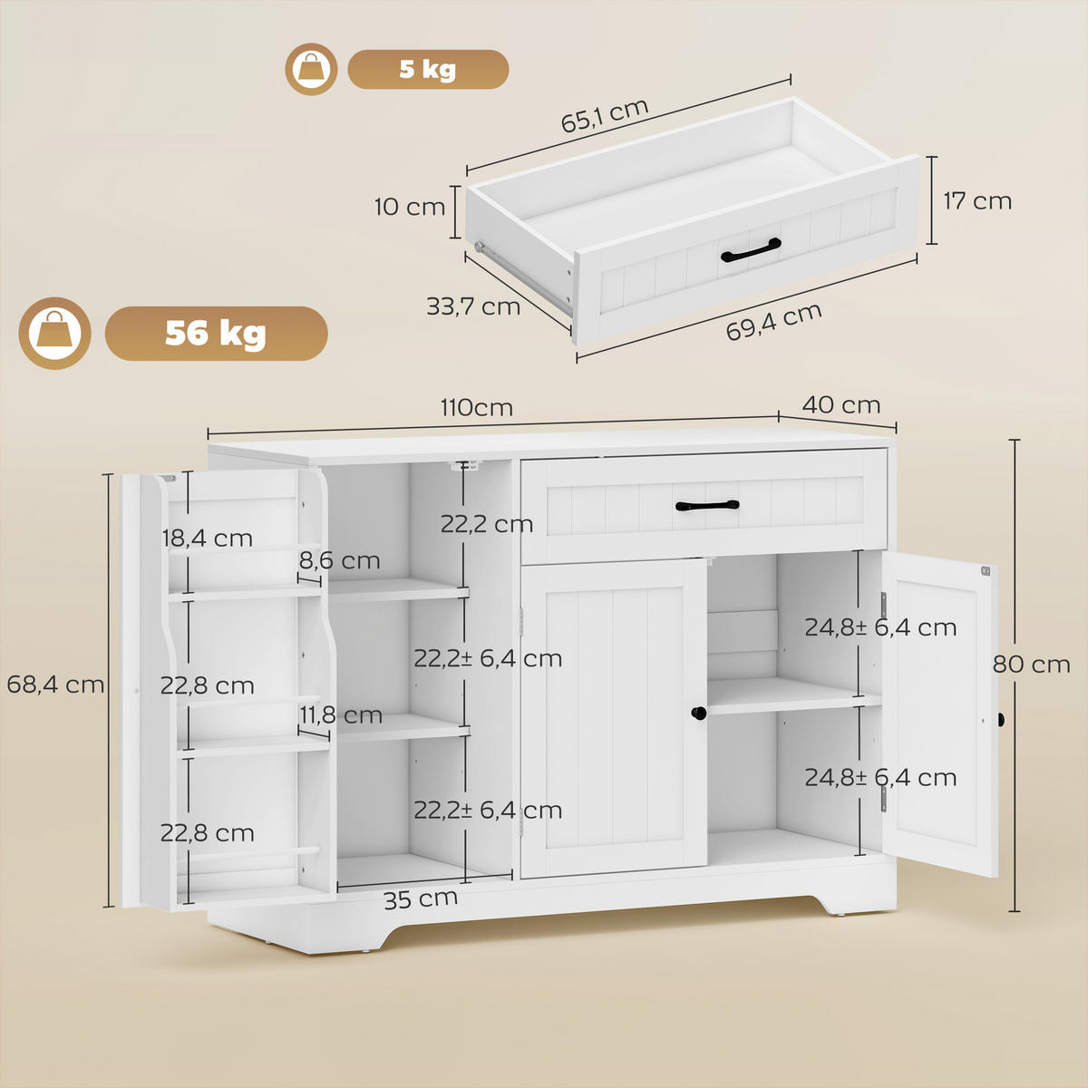 SIDEBOARD Weiß, 3 Türen, 1 Schublade, 110/40/80 cm - Weiß, Holz (110/80/40cm) - PANGIVO