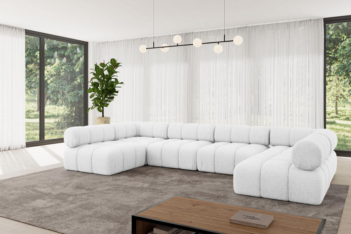 WOHNLANDSCHAFT modulares Sofa Garvo-U2 - 380x190x70 cm Weiß Bouclé - Weiß, Holzwerkstoff/Textil (380/70/190cm) - ALTDECOR