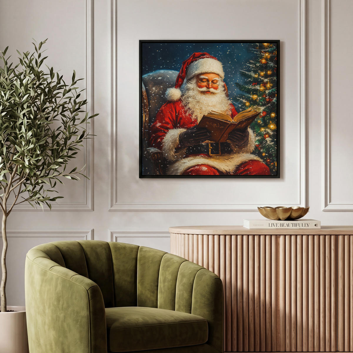 LEINWAND Bilder mit Rahmen - Weihnachtsmann - Weihnachten - Winter - Weihnachtsbaum - 50x50 - Bordeaux, Textil (50/50cm) - MuchoWow