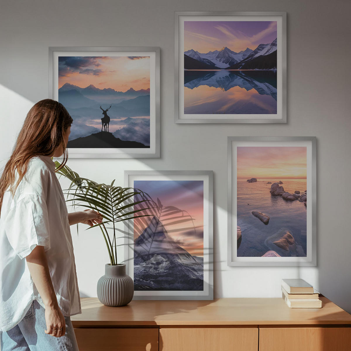 WANDBILDER 4er Set - 50x50 cm & 40x60 cm Silberner Rahmen - Landschaften Berge Seen jelen - Silberfarben, Kunststoff (50/50cm) - ArtPrintCave