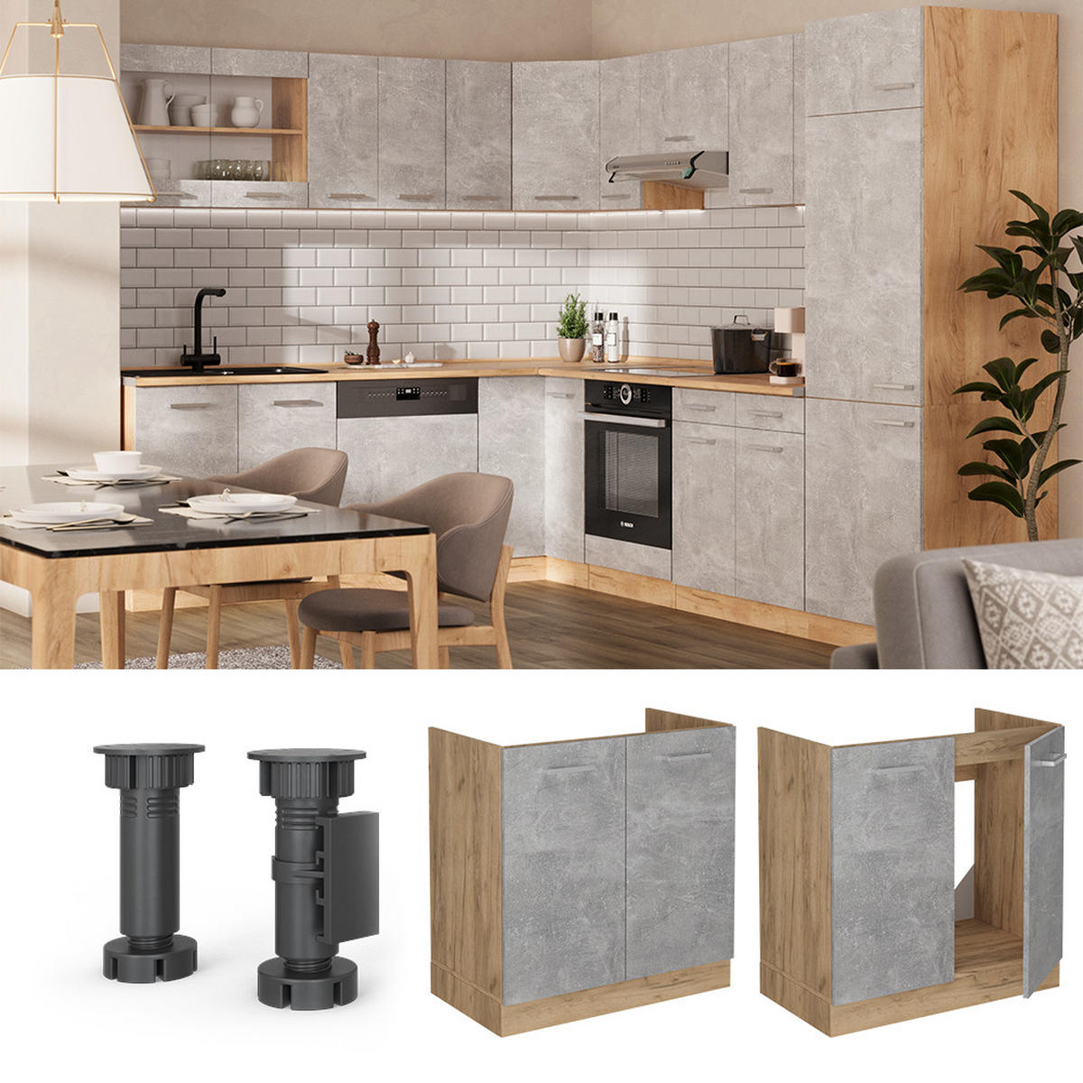 SPÜLENUNTERSCHRANK R-Line Beton 80 cm , AP Eiche - Honigeiche/Schieferfarben, Holzwerkstoff (80/81.6/60cm) - Vicco