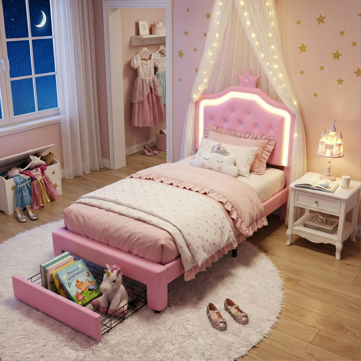 POLSTERBETT Kronen mit Kristallsteinen & RGB-LED 90/200 cm PU-Leder Rosa - Pink, Textil (90/200cm) - Creahappy
