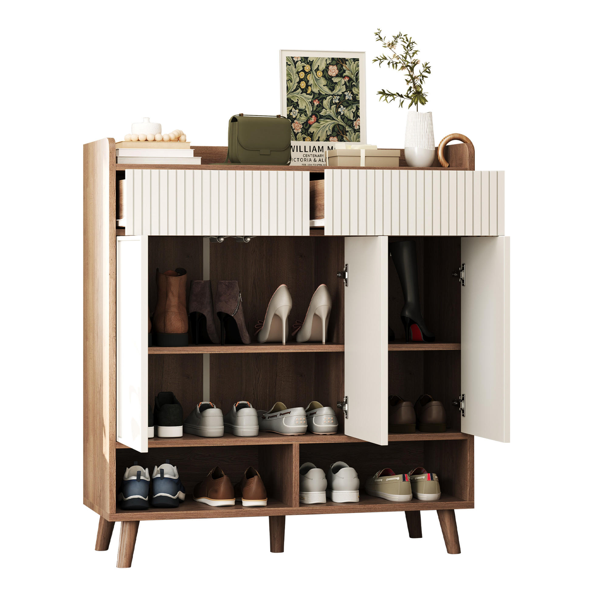 SCHUHSCHRANK 90/35/100 cm mit 3 Türen, 2 Schubladen und Holzbeinen - Weiß, Holzwerkstoff (90/100/35cm) - BEAOK