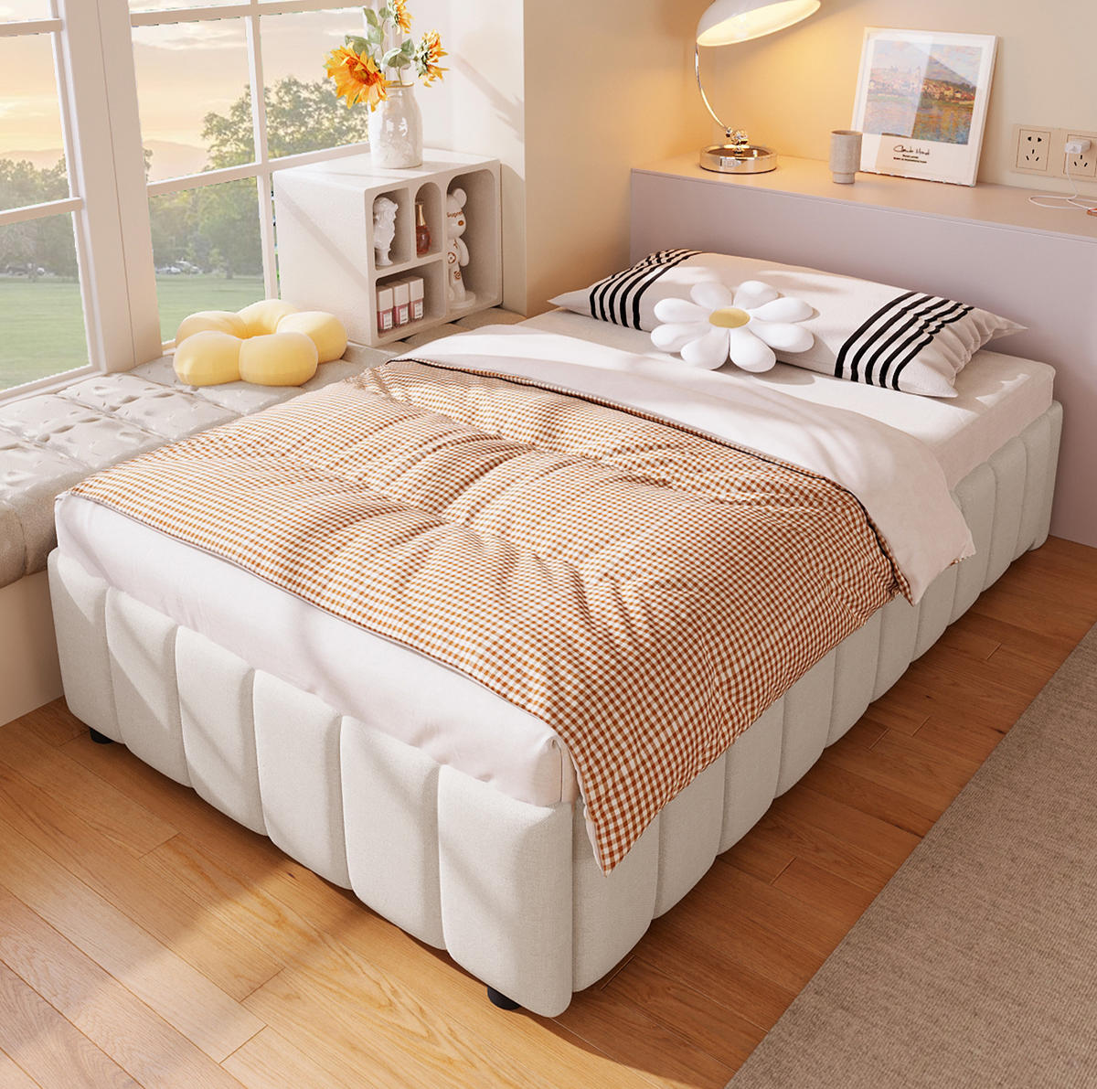 POLSTERBETT aus Leinen 90x200 cm Beige mit hydraulischem Bettkasten und kopfteillosem Design - Beige, Textil (90/200cm) - Modfu