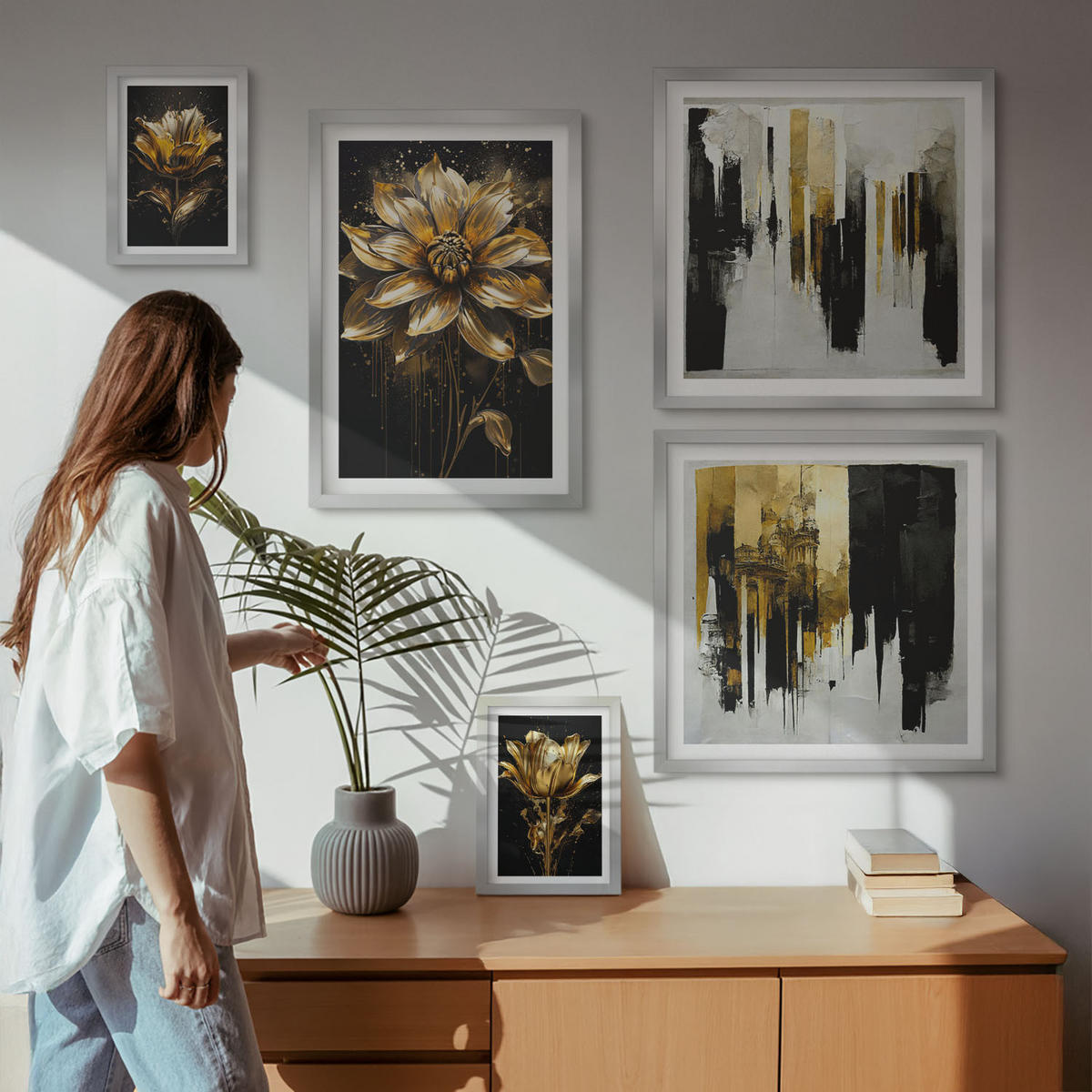 BILDER SET 5er Set - 50x50 cm & 20x30 cm & 40x60 cm Silberner Rahmen - Blumenbrücke – Lebensinspiration - Silberfarben, Kunststoff (40/60cm) - TULUP