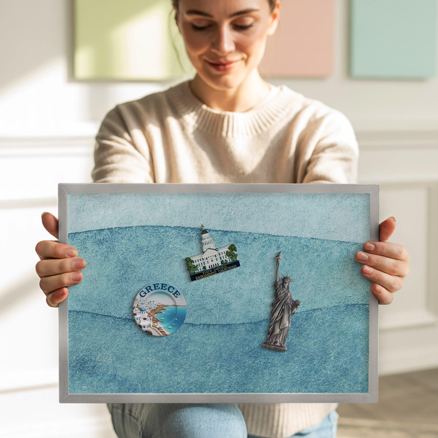 MAGNETTAFEL 70x50 cm Silberner Rahmen Aquarell Blaue Wellen - Hellblau, Metall (70/50/0.4cm) - TULUP