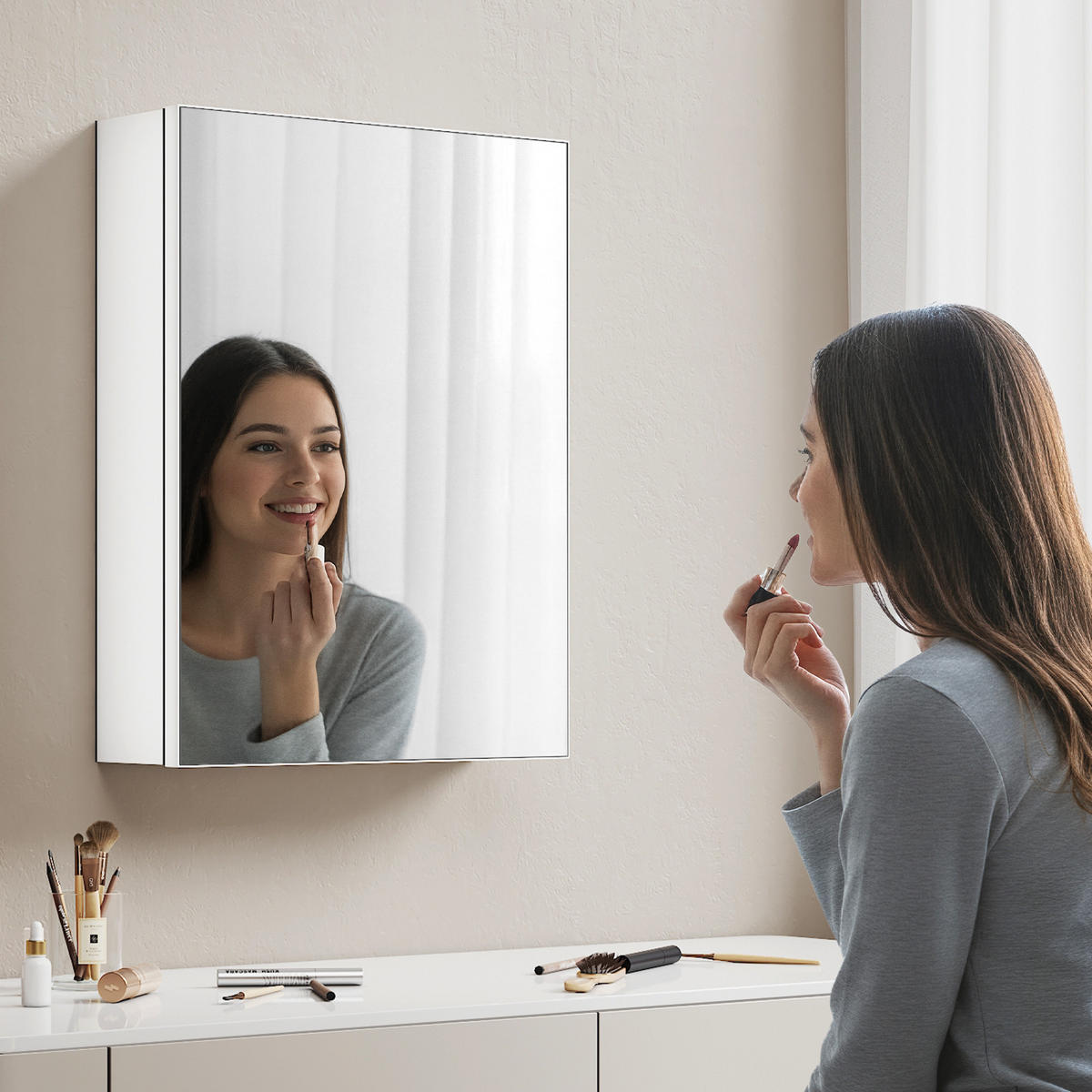 SPIEGELSCHRANK mattweiß 65/50/14,5 cm - Weiß, Glas (50/65/15cm) - EMKE