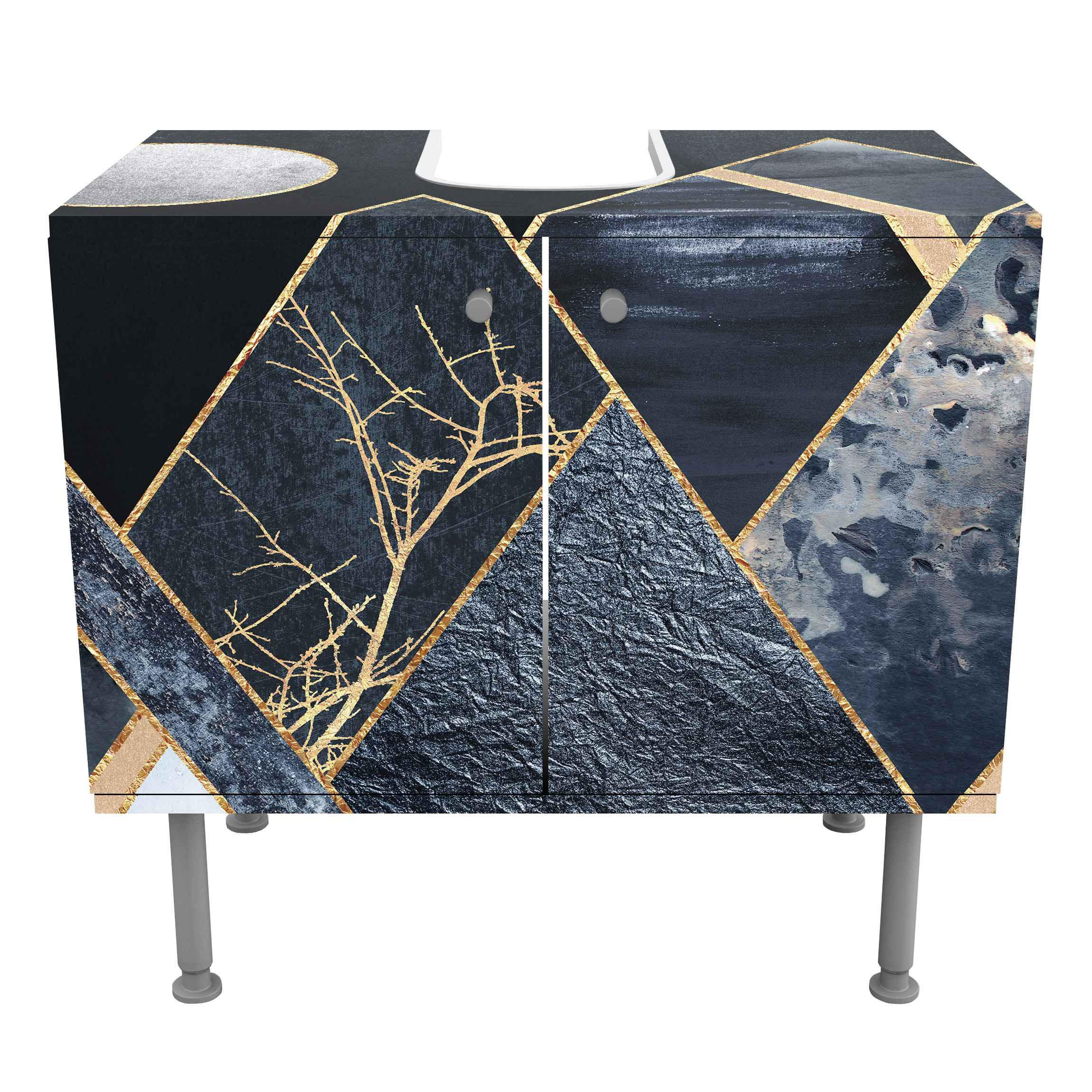 WASCHBECKENUNTERSCHRANK Goldener Mond abstrakte schwarze Berge 60/55/35 cm - Blau, Holzwerkstoff (60/55/35cm) - Bilderwelten