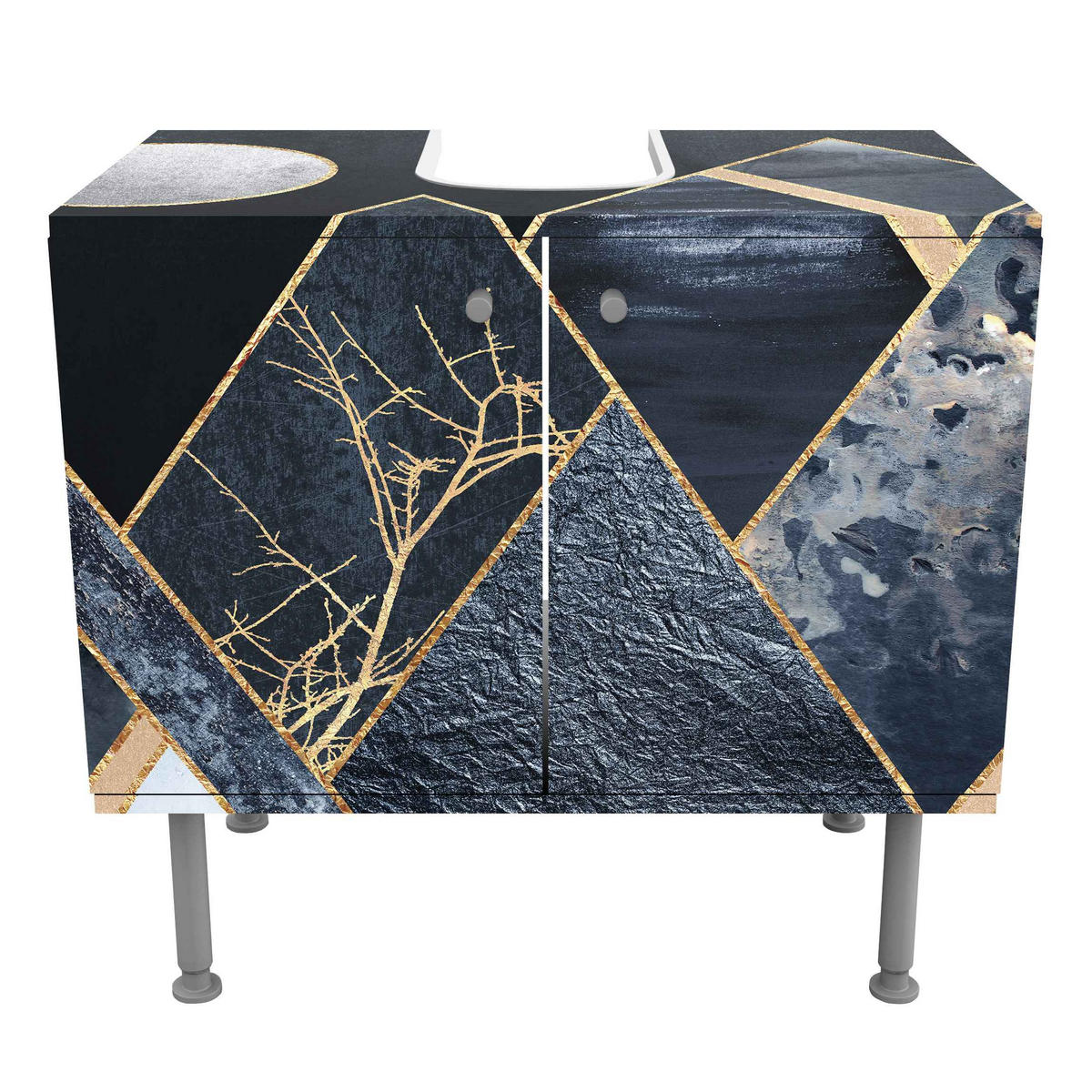 WASCHBECKENUNTERSCHRANK Goldener Mond abstrakte schwarze Berge 60/55/35 cm - Blau, Holzwerkstoff (60/55/35cm) - Bilderwelten