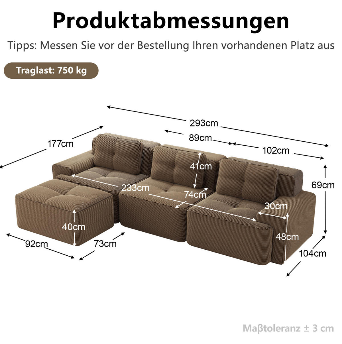 MODULSOFA aus Cordstoff Braun 293x177x69 cm mit Ottoman und rutschfester Unterseite - Braun, Textil (177/293cm) - IVMEU