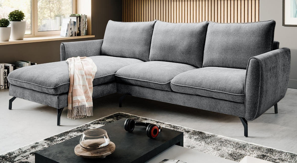 SOFA grau Webstoff 259 x 167 cm, Ecksofa 5-Sitzer, L-Sofa Ottomane links - Schwarz/Grau, Holz/Textil (259/167cm) - Inn.Furn