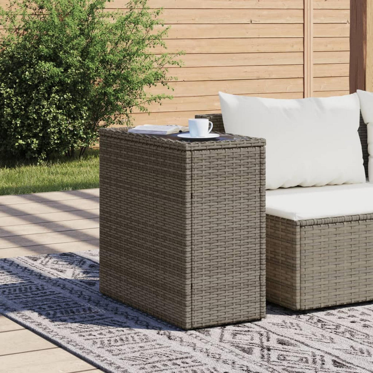 GARTEN-BEISTELLTISCH Mit Glasplatte Grau 58/27,5/55 Cm Rattan - Grau, Kunststoff (58/27.5/55cm) - vidaXL