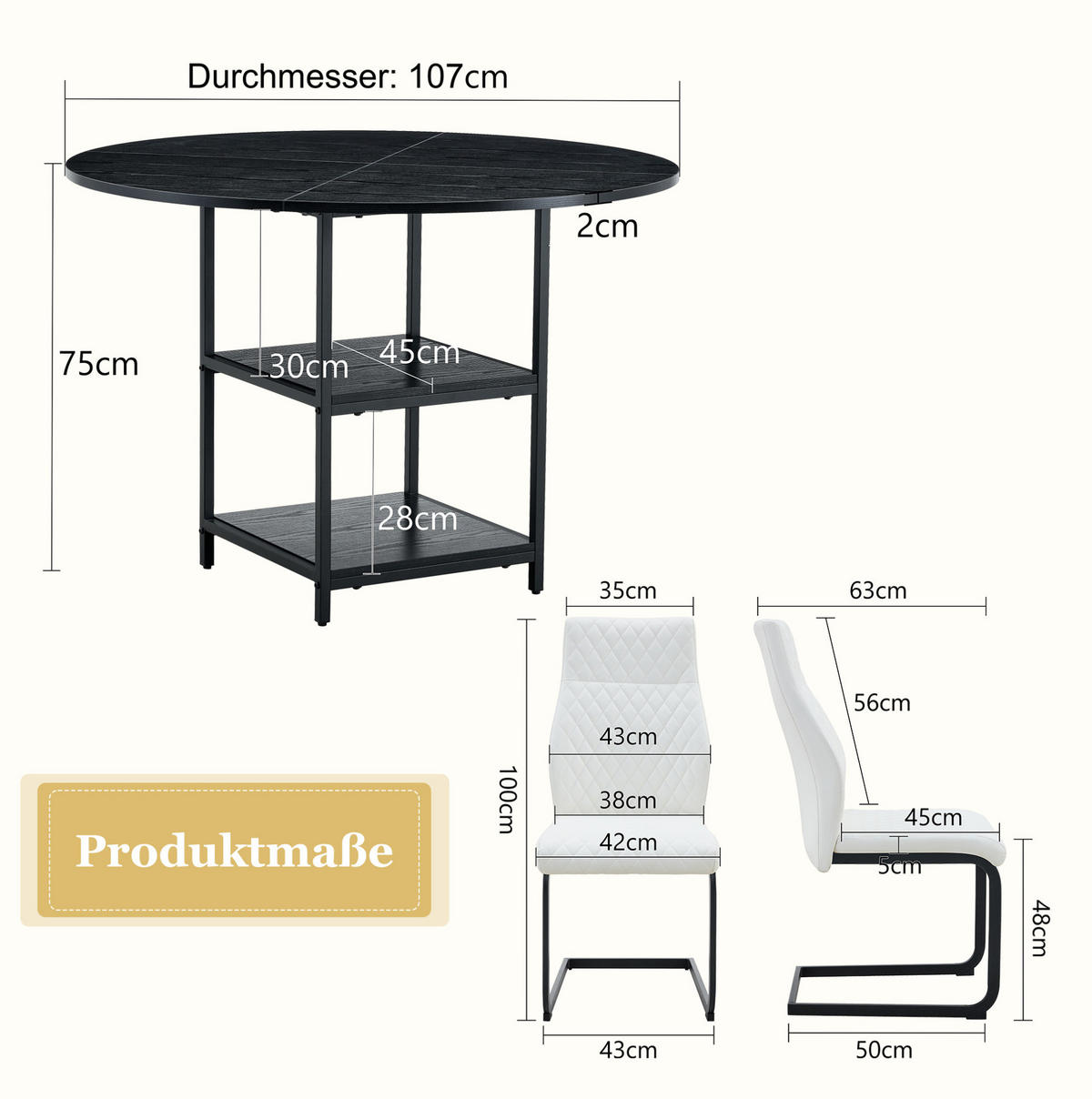 ESSGRUPPE 3-tlg. rund 107 cm Schwarz/Weiß im Industrie-Stil - Schwarz, Metall (107/75/107cm) - Meubliv