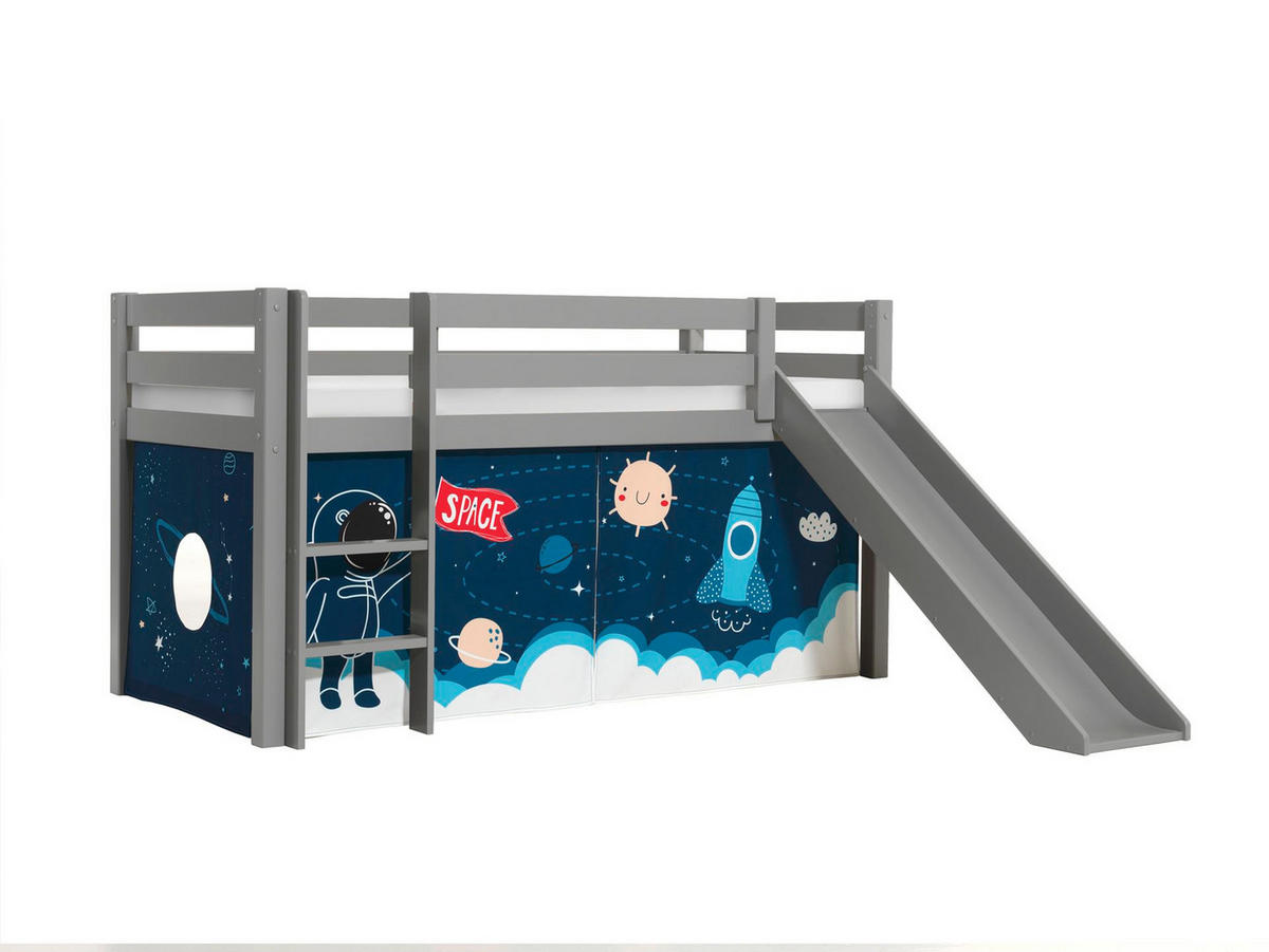 HOCHBETT mit Rutsche Karolina Massivholz Grau Textilset Rakete - Türkis/Grau, Holz (90/200cm) - 58aufmkessel