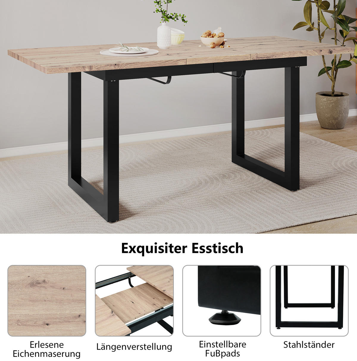 ESSTISCH aus MDF 140/180x80x75 cm Schwarz/Natur ausziehbar im Industriestil mit stabilem Metallgestell - Eichefarben, Holzwerkstoff (180/80/75cm) - Modfu