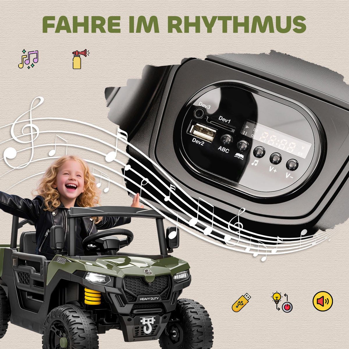 ELEKTROFAHRZEUG DE-06223 UTV-Design mit Kofferraum und 2 Motoren Grün - Grün, Kunststoff/Metall (105/60/60cm) - ComfortXL