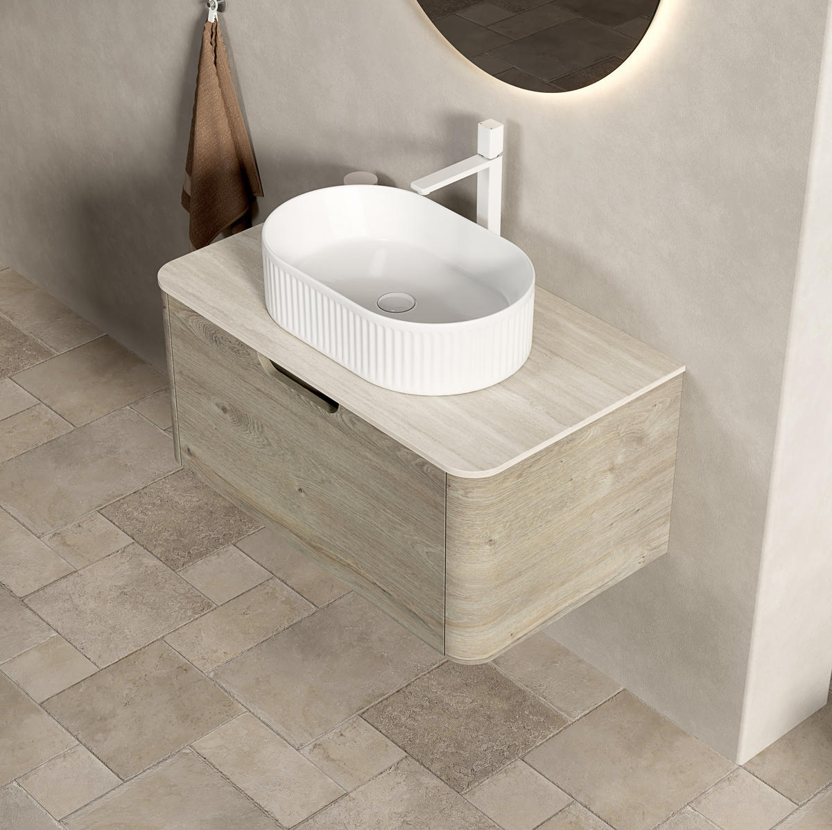 WASCHTISCHKOMBI 80 cm Beige/Off White/White aus Keramik und Sinterstein mit Soft-Close-Schublade - Creme, Keramik (80/50.2/46cm) - OKMYHOME