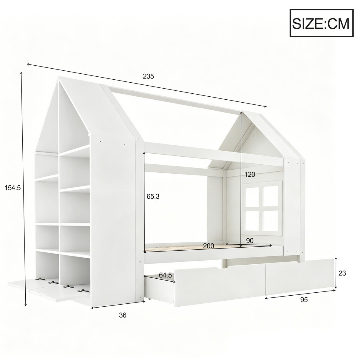 KINDERBETT 90x200 Hausdesign LED Schubladen Weiß - Weiß, Holz (90/200cm) - FLIEKS