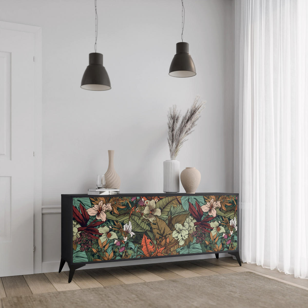 SIDEBOARD BOTANICAL EMERGENCE, Eicheneffekt, 164,5x42x77,5 cm, 3 Türen - Eichefarben/Buchefarben, Holzwerkstoff/Buchenholz (164.5/77.5/42cm) - SpaceRebels