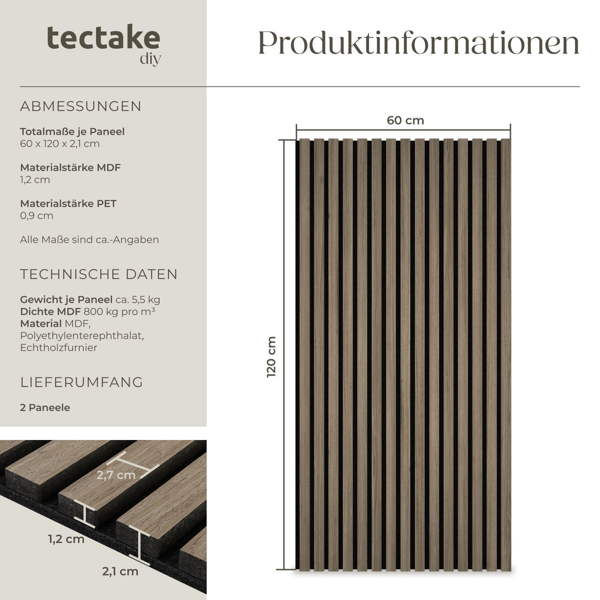 AKUSTIKPANEELE 2er Set Sonic Wall,je 60 x 120 x 2,1 cm, Größe flexibel anpassbar,Eiche dunkel - Wildeiche, Holz (60/120/120cm) - tectake