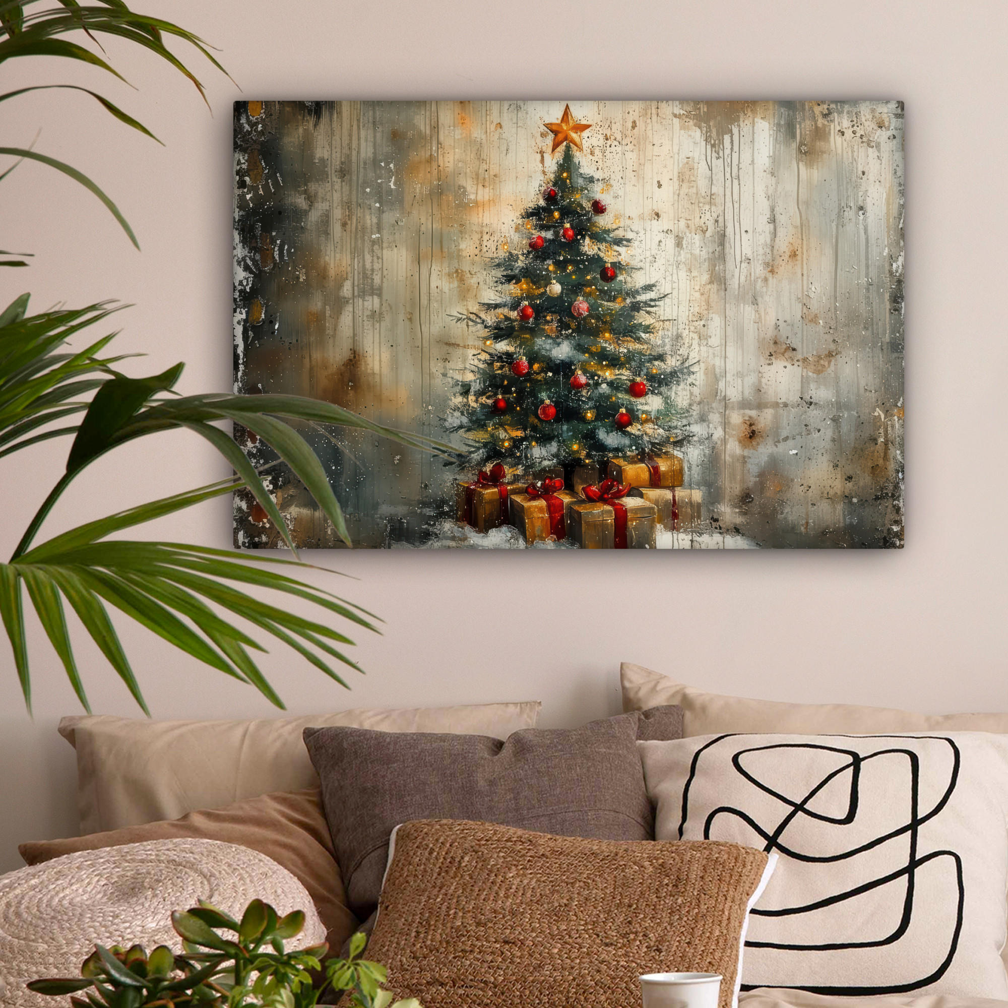 LEINWANDBILD Weihnachtsbaum - Vintage - Weihnachten - Geschenk Gemälde 60x40 cm - Rostfarben, Textil (60/40cm) - MuchoWow