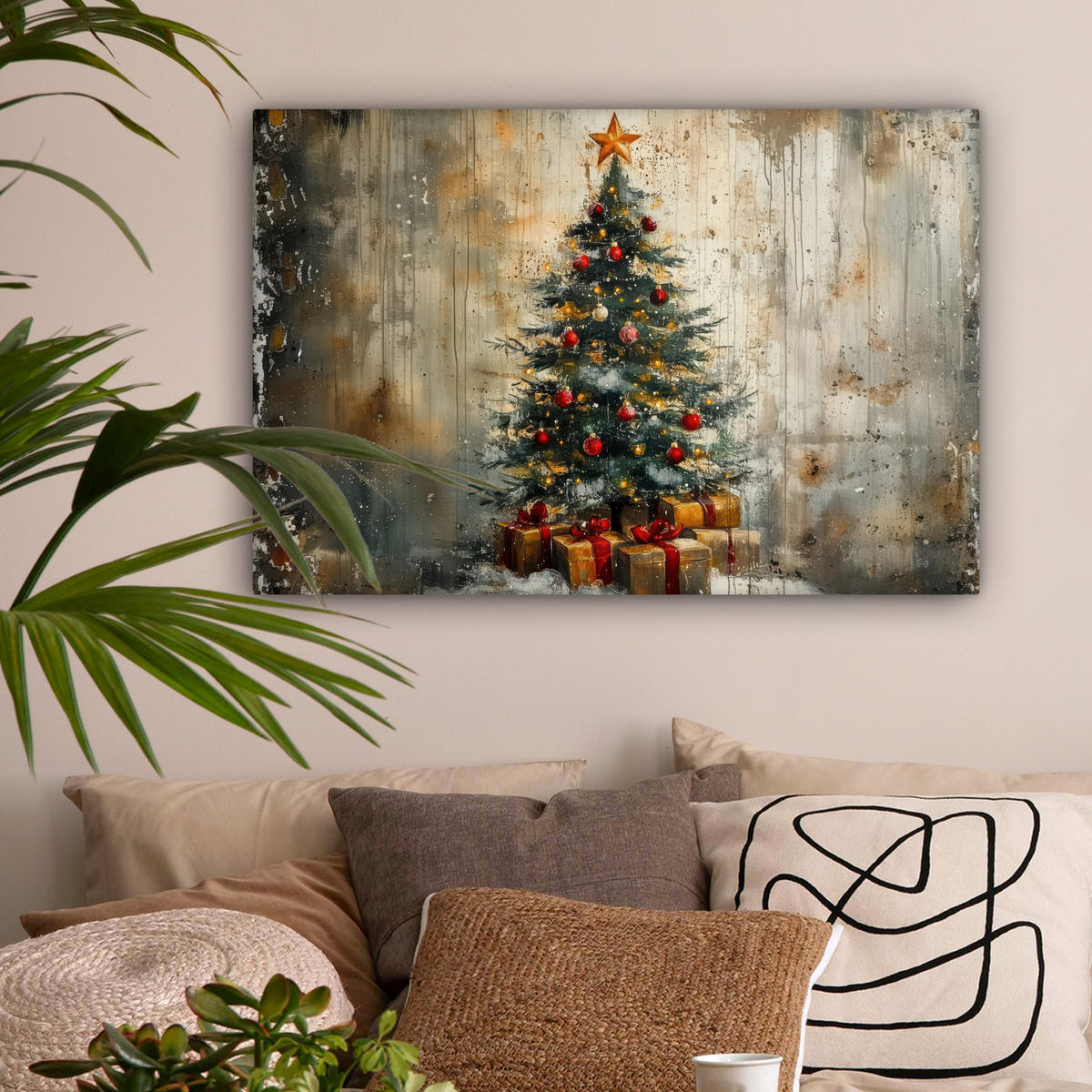 LEINWANDBILD Weihnachtsbaum - Vintage - Weihnachten - Geschenk Gemälde 60x40 cm - Rostfarben, Textil (60/40cm) - MuchoWow