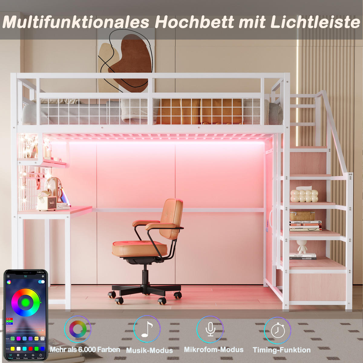 HOCHBETT 140/200 cm mit Schreibtisch, Regal, Stauraumtreppe, Kleiderschrank, Lichtleiste und Steckdosen, Weiß - Weiß, Holzwerkstoff (140/200cm) - Redom