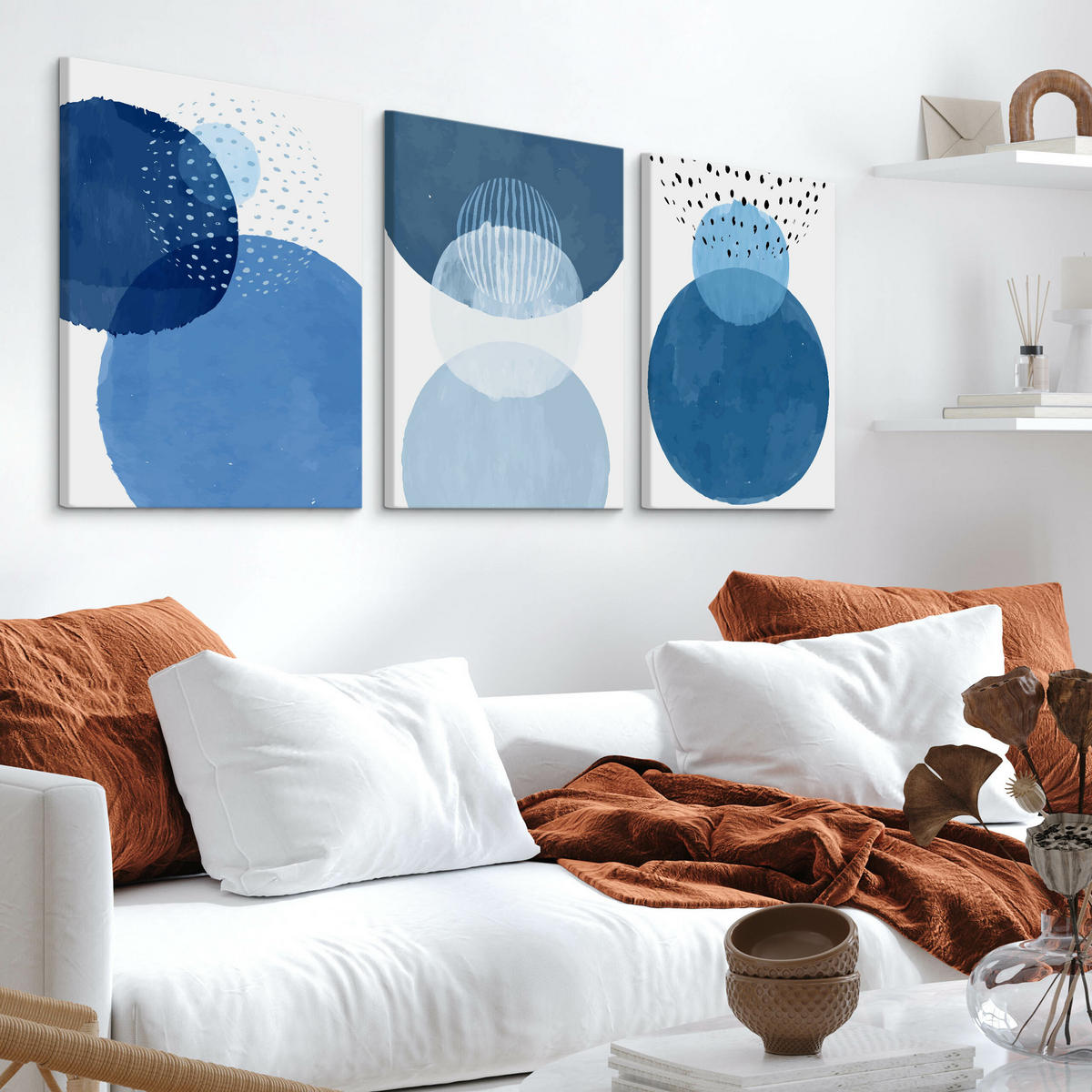 LEINWANDBILDER 3-er Set Kreise Boho Stil - Türkis/Blau, Textil (90/40cm) - Muralo