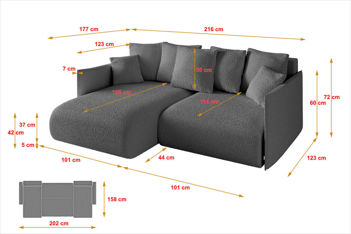 ECKSOFA Ottomane links ONESK-L 216x177x72 Grau Bouclé - Platinfarben/Grau, Holzwerkstoff/Kunststoff (216/177cm) - ALTDECOR
