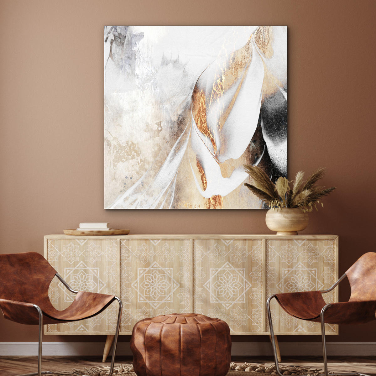KOVOVÝ OBRAZ Luxusné - abstraktné - zlaté - biele 90x90 cm - zlatá, kov (90/90cm) - MuchoWow
