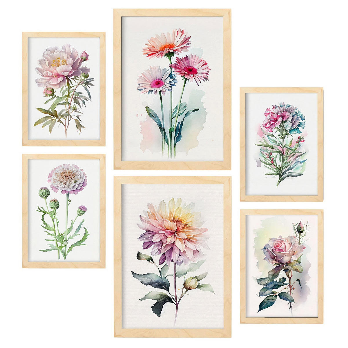 POSTER Set Mit 6 Rosen Vollfarbige Natur Und Botanikdrucke Mit Blumenmotiven Auf Reinweißen Hintergründen A3 & A4 Rahmen Aus Hellem Holz - Beige, Papier (29/3cm) - Nacnic