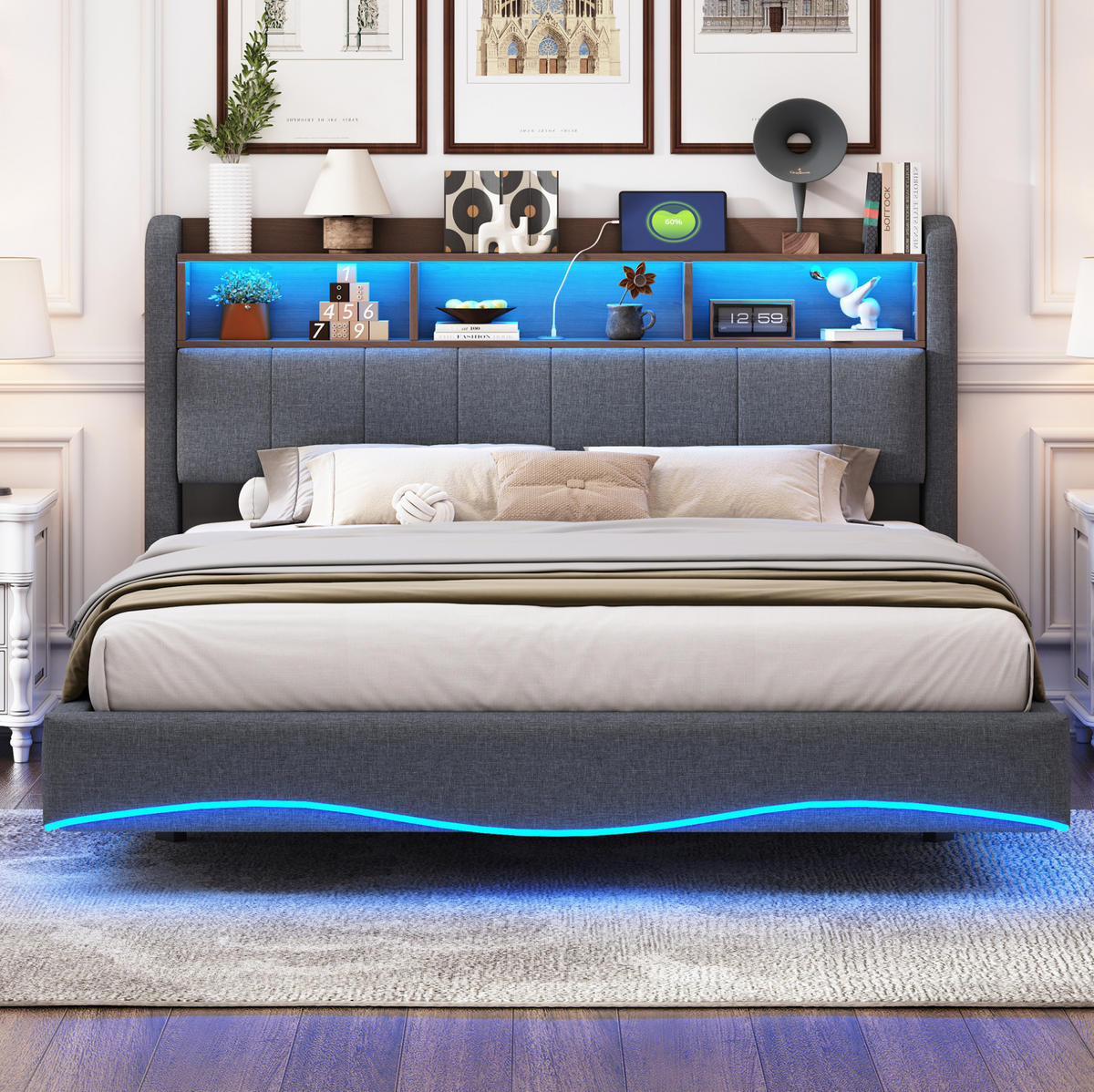 POLSTERBETT 160/200 cm Grau mit LED-Beleuchtung, Stauraum und USB- und Type-C-Anschlüssen - Grau, Textil (160/200cm) - Flora Grace