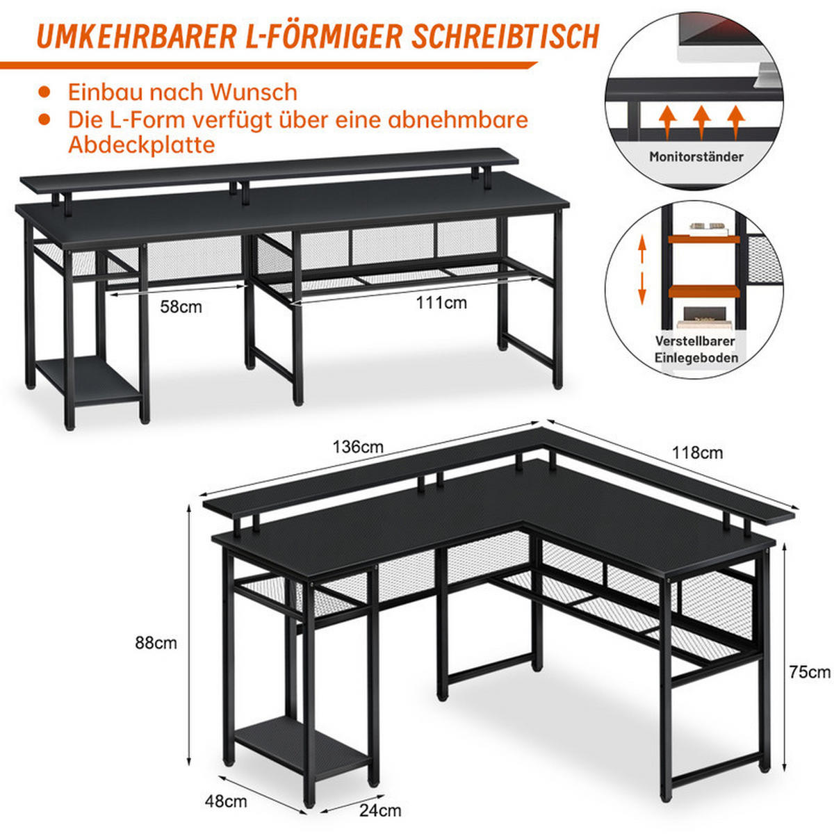 GAMINGTISCH L-förmig, 140 x 120 x 75 cm, Eck-Computertisch mit Stauraum, Monitorständer, 2 USB-Ladegerät, 3 Steckdosen, LED - Schwarz, Metall (140/48/75cm)