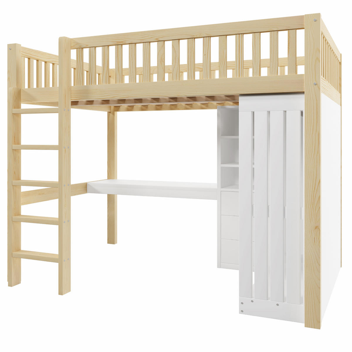 HOCHBETT 140/200 cm DE-04817, mit Schreibtisch, Kleiderschrank und 3 Schubladen in Natur - Naturfarben, Holz/Holzwerkstoff (140/200cm) - ComfortXL