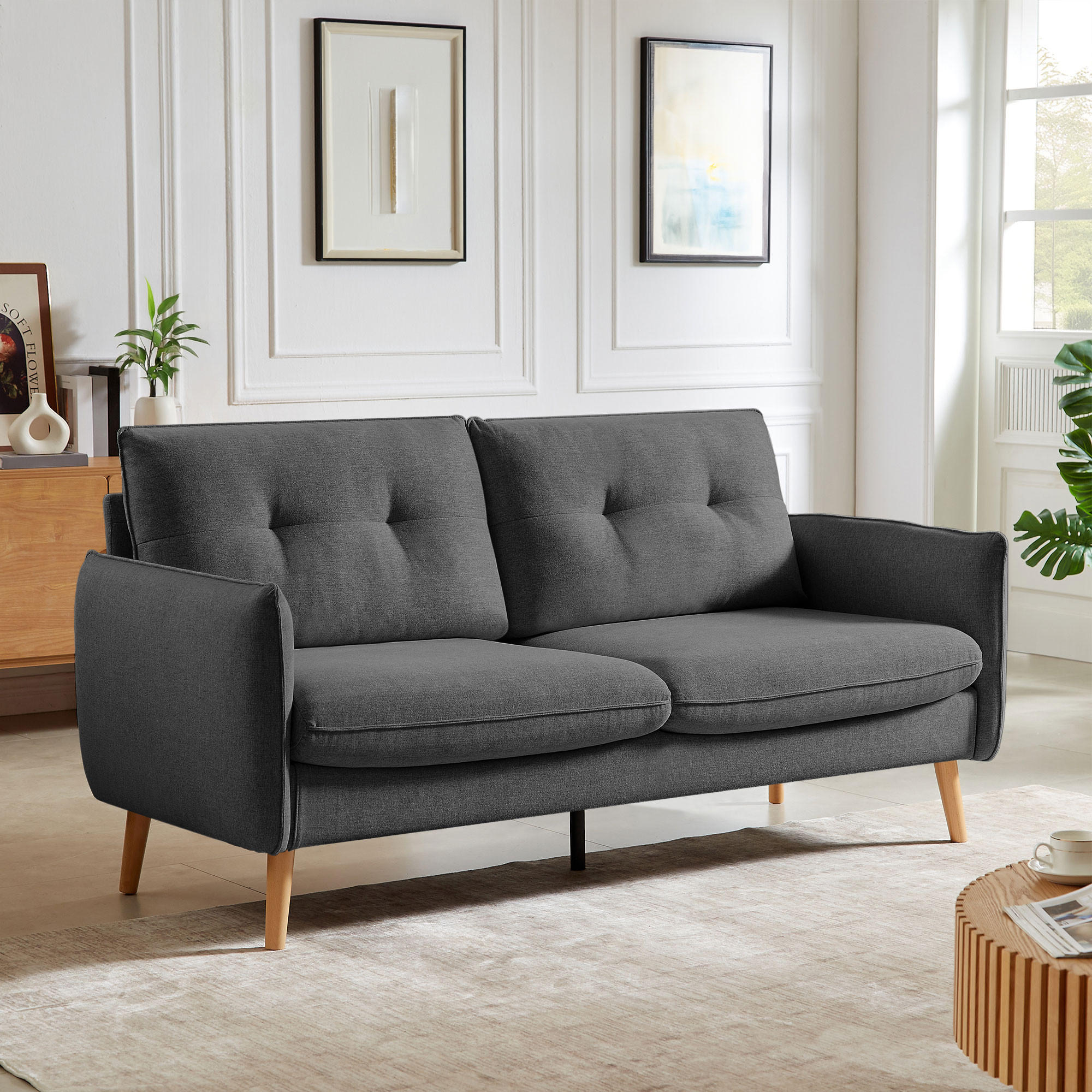 2-SITZER-SOFA Chloé Skandinavisches aus dunkelgrauem Stoff - Dunkelgrau/Akaziefarben, Holz/Holzwerkstoff (182/92/82cm) - Sicaan