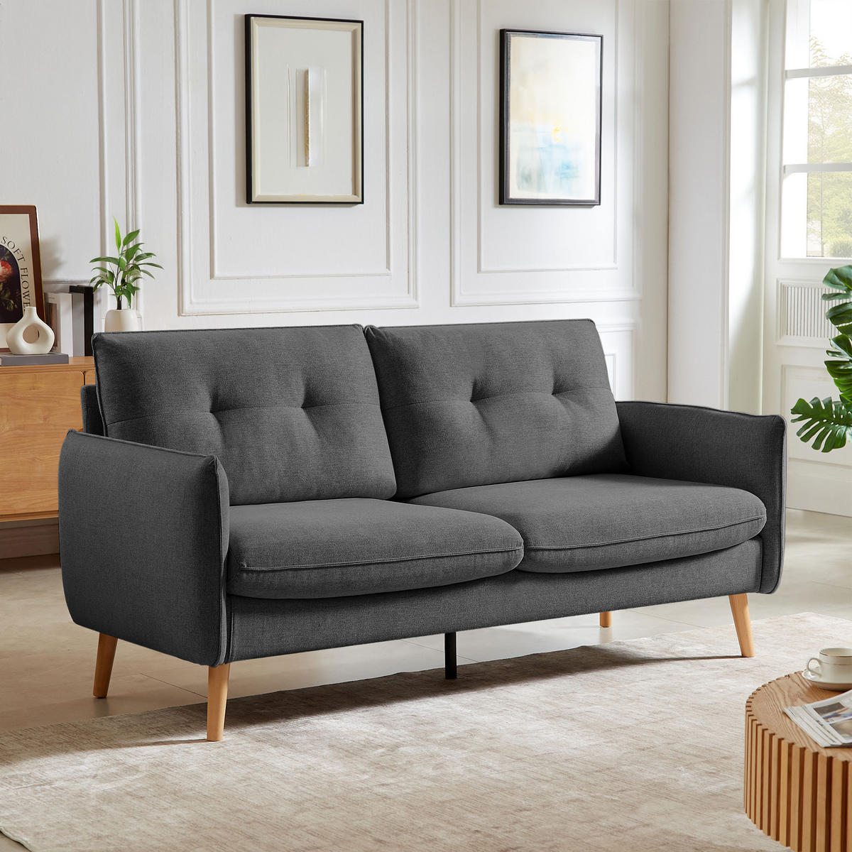 2-SITZER-SOFA Chloé Skandinavisches aus dunkelgrauem Stoff - Dunkelgrau/Akaziefarben, Holz/Holzwerkstoff (182/92/82cm) - Sicaan