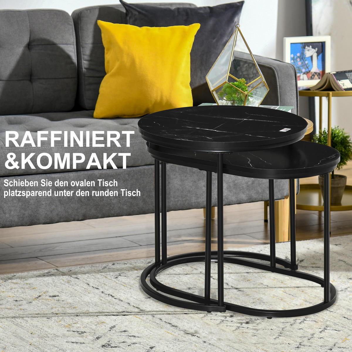 2ER Set Couchtisch Satztisch Rund mit Faux Marmor Seite bis 30 kg Stahl Schwarz - Schwarz, Holzwerkstoff/Metall (50/50/50.5cm) - HOMCOM