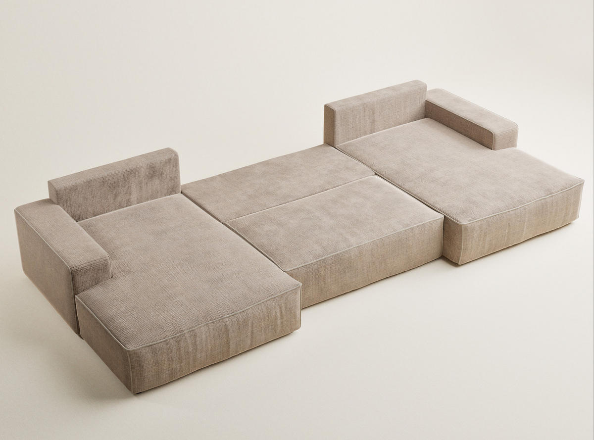 WOHNLANDSCHAFT Deseo Beige Chenille-Stoff - Beige/Schwarz, Holz/Holzwerkstoff (398/70/148cm) - Maison de Reve