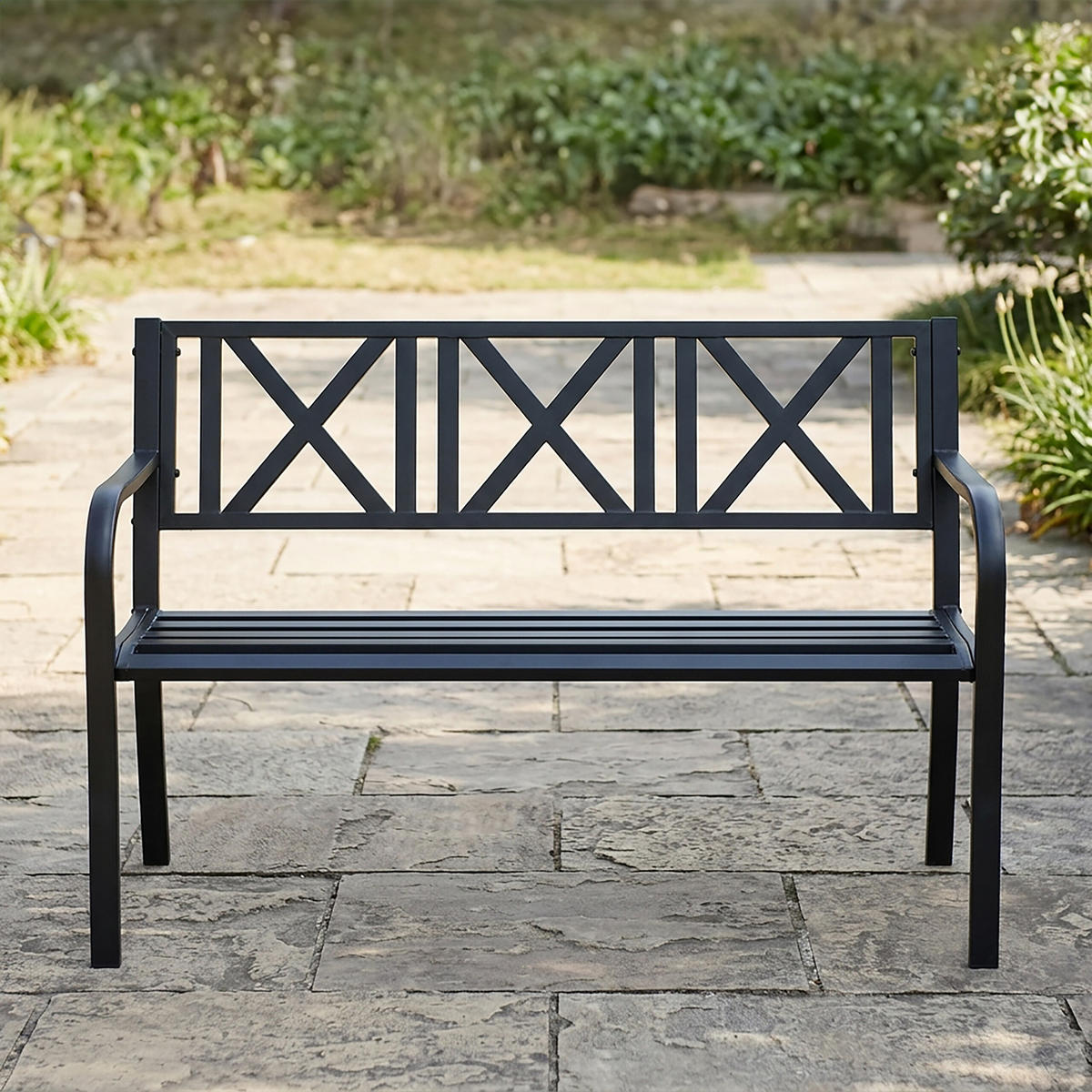 GARTENBANK Schwarz Stahl 2-Sitzer 127 cm - Schwarz, Metall (127/81/56cm) - Relaxdays