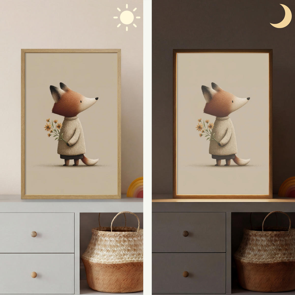 NÁSTĚNNÁ LAMPA S AKUMULÁTOREM Liška - Žluté květy - Minimalistický 40x60 cm - šedohnědá, kompozitní dřevo (40/60/8cm) - OnlyWow