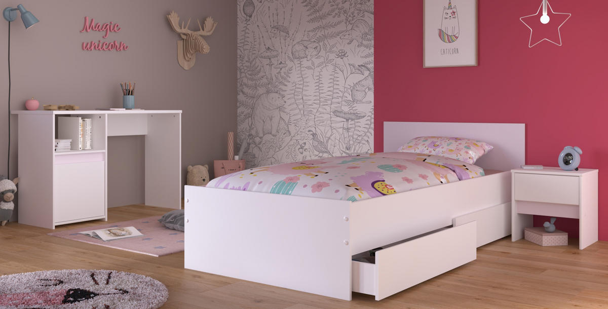 KINDERZIMMER Set 3-tlg. Stauraumbett 90x200 Nachttisch und Schreibtisch - Weiß, Holzwerkstoff (203/75/100cm) - Parisot Meuble