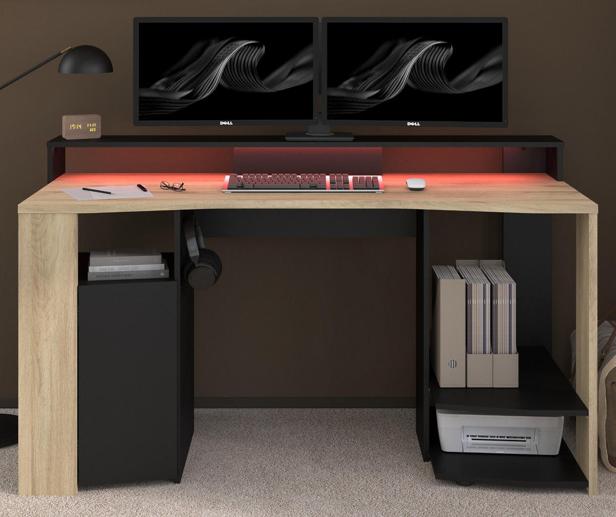 GAMINGTISCH Eiche, schwarz 152 cm, Gamer Schreibtisch inklusive LED mit Farbwechsel - Eichefarben/Schwarz, Holzwerkstoff/Metall (62/152/88cm) - Parisot Meuble