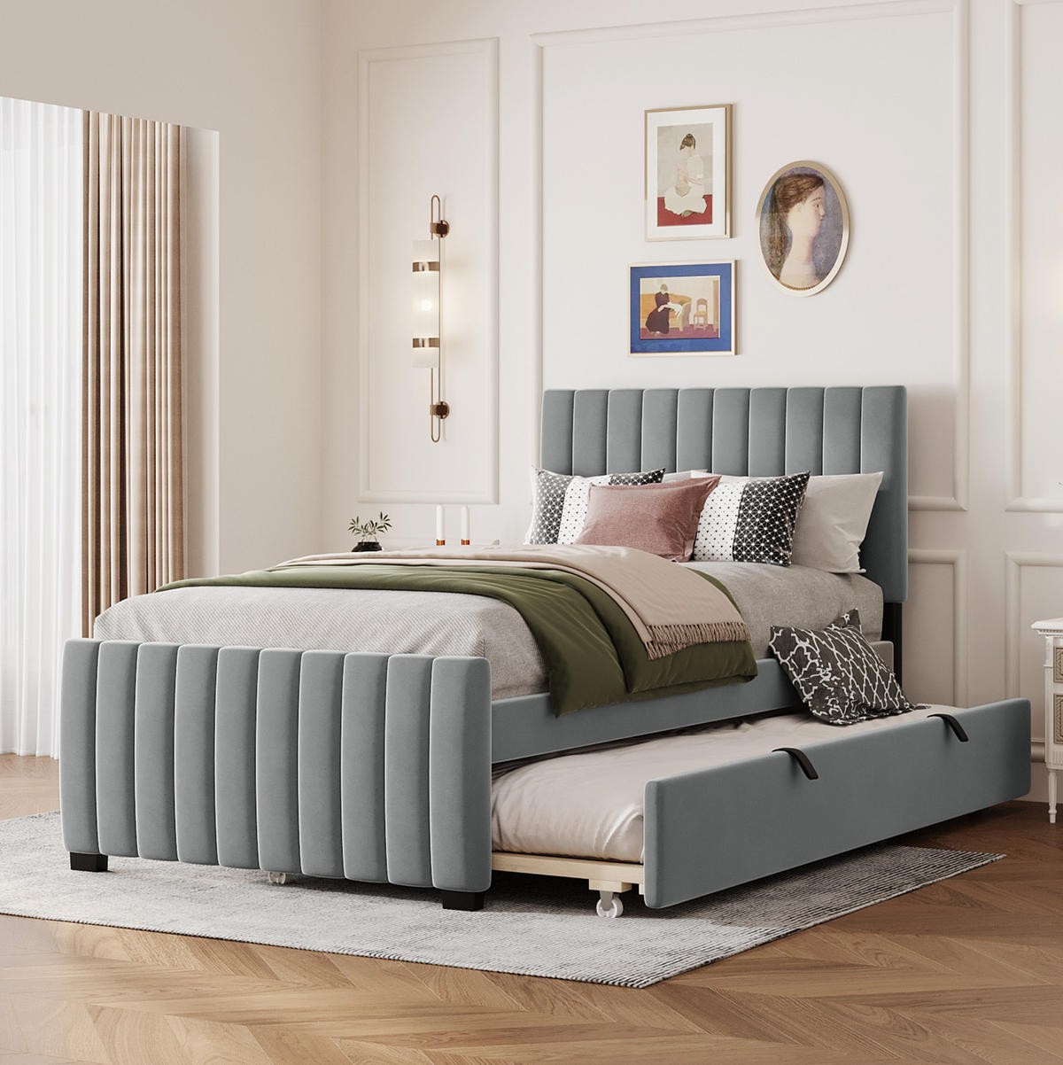 POLSTERBETT 90/190 cm aus Samtstoff mit ausziehbarem Gästebett Grau - Grau, Textil (90/190cm) - Modenvie
