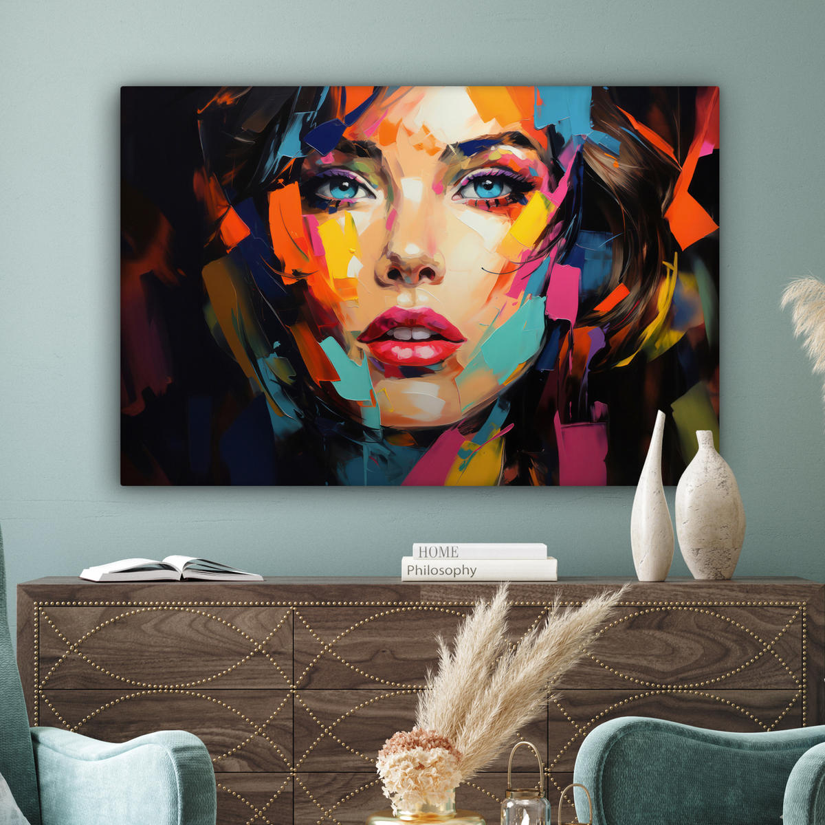 LEINWANDBILD Frau - Porträt - Farbenfroh - Kunst Groß 140x90 cm - Multicolor, Textil (140/90cm) - MuchoWow